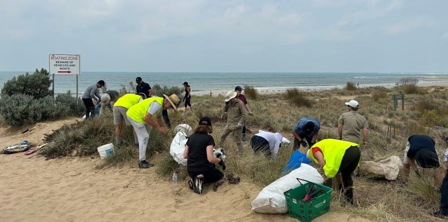 施恩禧志愿者为植物浇水并加固周围的支撑桩